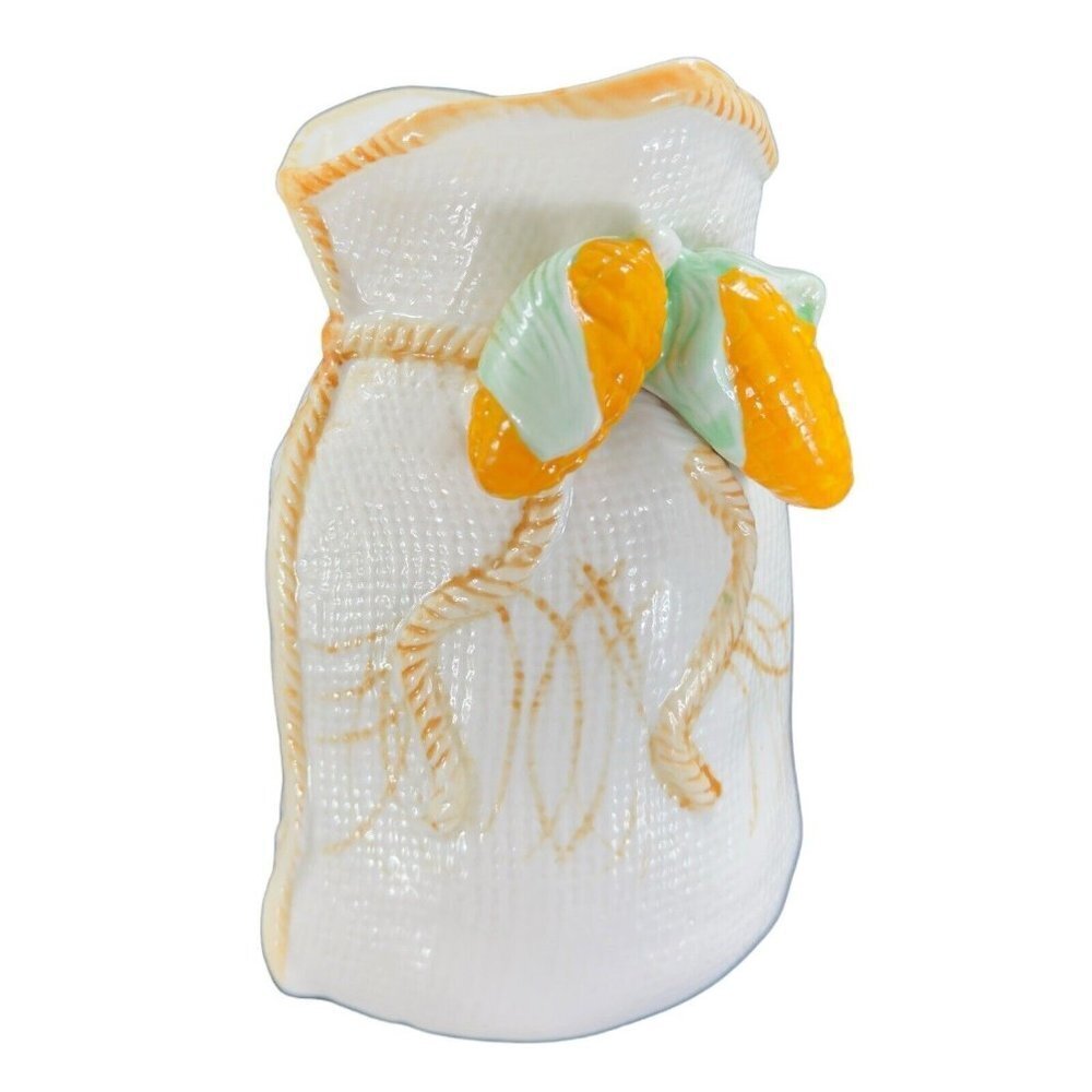 Whimsical Ceramic Paperback Sack Shaped Vase With Yellow Corn On Top Porcelain